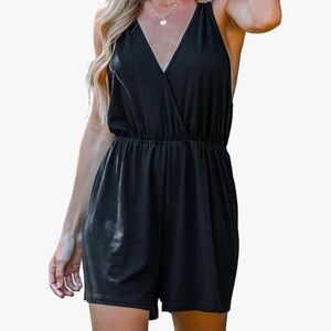 New CUPSHE Women's V Neck Romper Sleeveless Shorts Jumpsuit Black Sz S